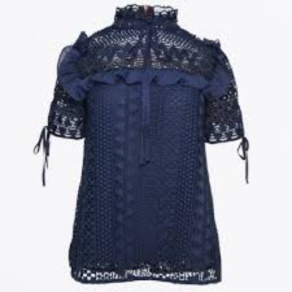 PERSEVERANCE LONDON - Victoriana Stripe Lace Blouse - Navy - Picture 2 of 5